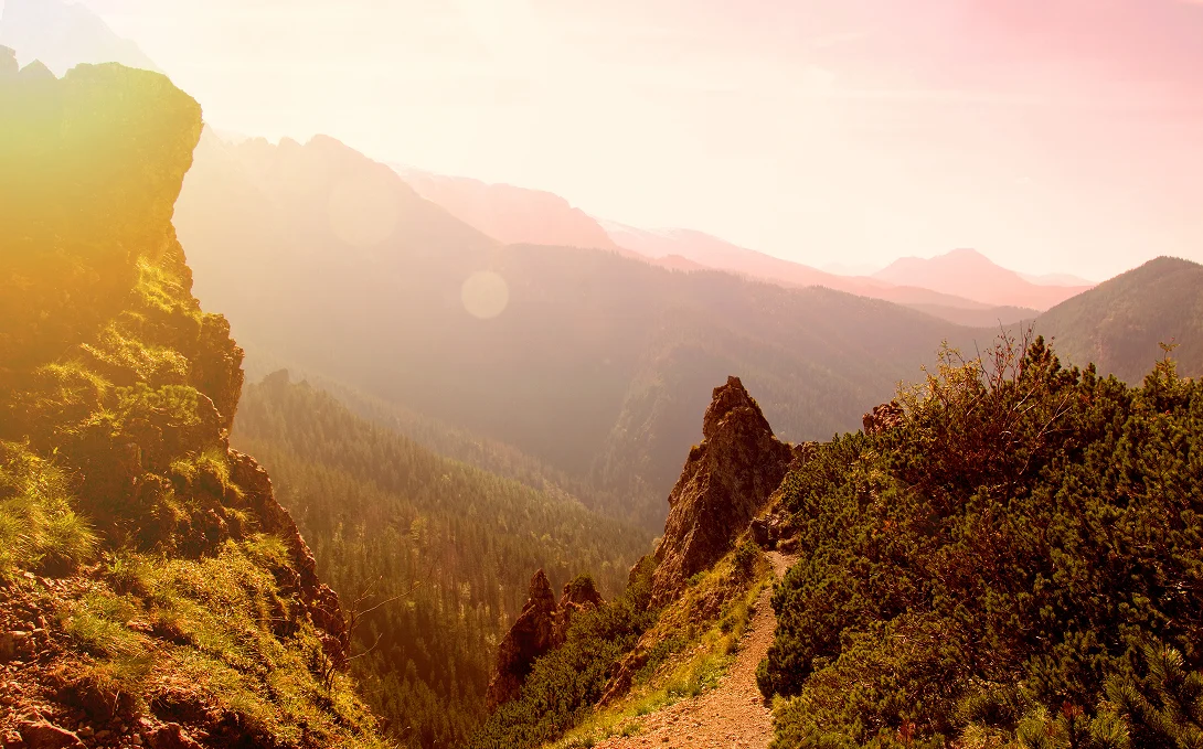 Mountain hiking trail with rocky cliffs and forest at sunrise